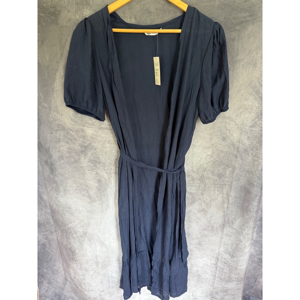 Cupshe Navy Blue Short Puff Sleeve Ruffle Hem Midi Wrap Swim Coverup Medium